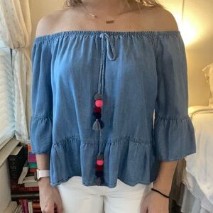 Jean Off the Shoulder Top with Pom-Pom Tie